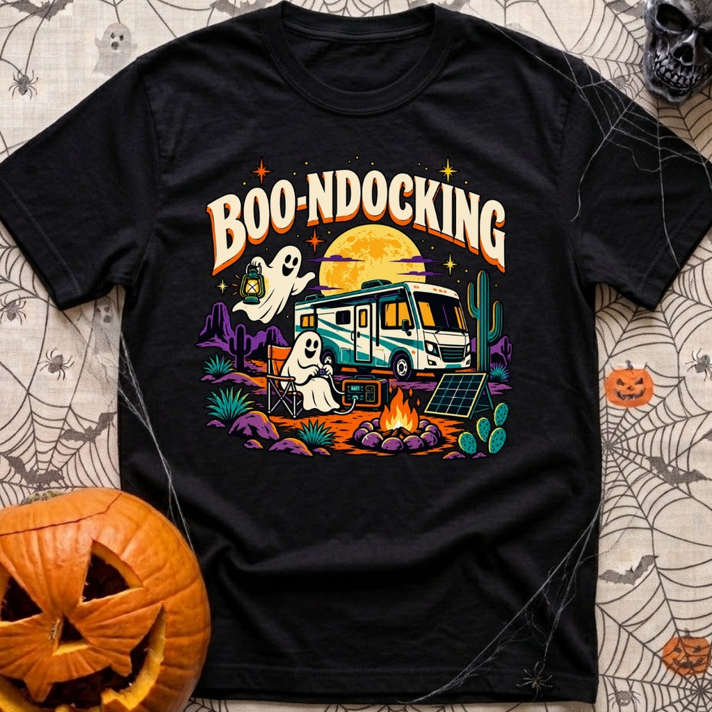 Boondocking With My Boo - T-Shirt in Black - A cartoon illustration of an RV parked in a desert landscape at night under...