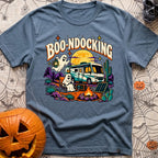 Boondocking With My Boo - T-Shirt in Blue Jean - A cartoon illustration of an RV parked in a desert landscape at night...