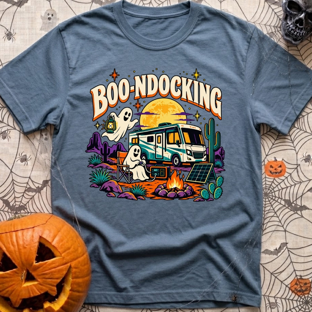 Boondocking With My Boo - T-Shirt in Blue Jean - A cartoon illustration of an RV parked in a desert landscape at night...