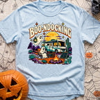 Boondocking With My Boo - T-Shirt in Chambray - A cartoon illustration of an RV parked in a desert landscape at night...