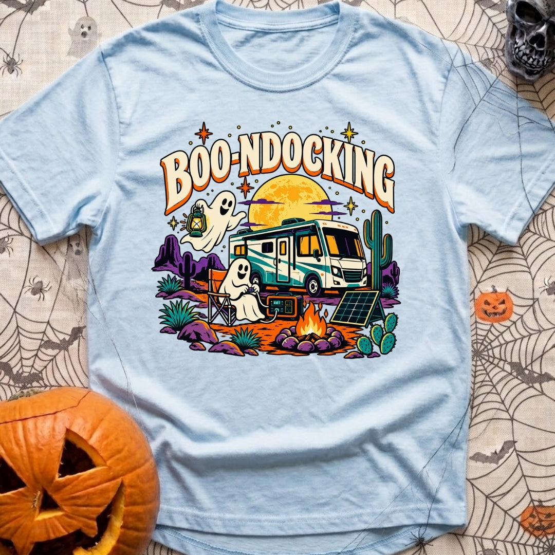 Boondocking With My Boo - T-Shirt in Chambray - A cartoon illustration of an RV parked in a desert landscape at night...