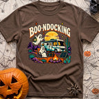 Boondocking With My Boo - T-Shirt in Espresso - A cartoon illustration of an RV parked in a desert landscape at night...