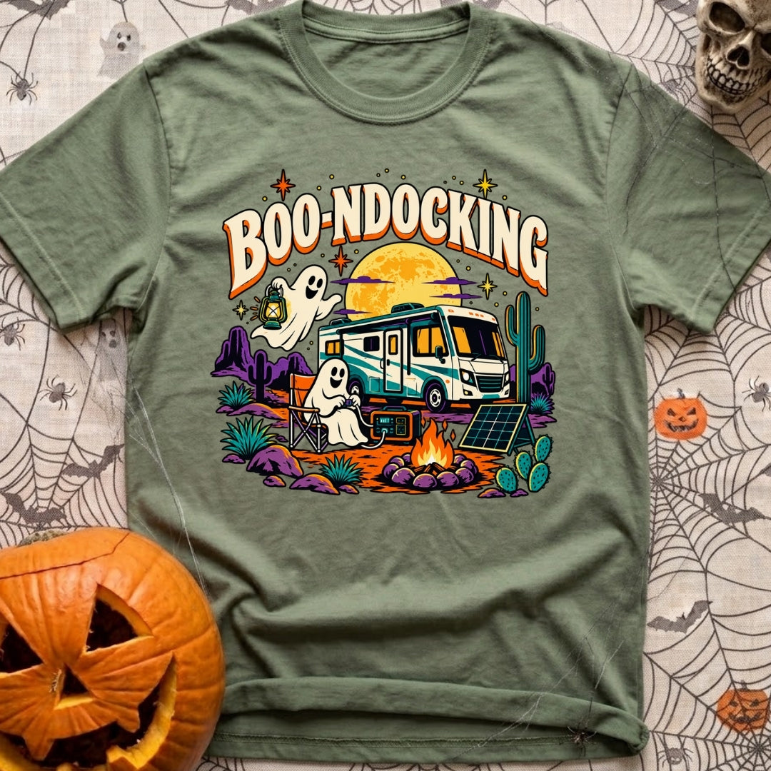 Boondocking With My Boo - T-Shirt in Moss - A cartoon illustration of an RV parked in a desert landscape at night under a...