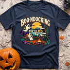 Boondocking With My Boo - T-Shirt in Navy - A cartoon illustration of an RV parked in a desert landscape at night under a...