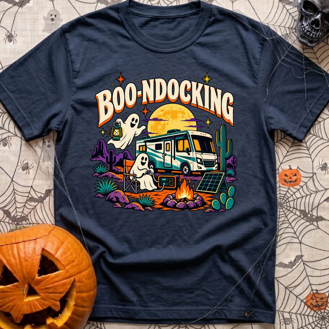 Boondocking With My Boo - T-Shirt in Navy - A cartoon illustration of an RV parked in a desert landscape at night under a...
