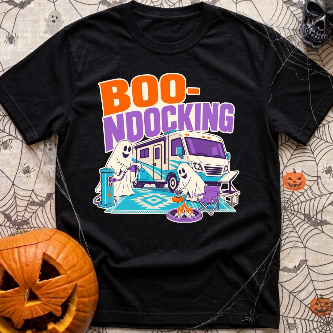 Boo Ndocking After Dark - T-Shirt in Black - A cartoon illustration of two friendly ghosts setting up a campsite in front...