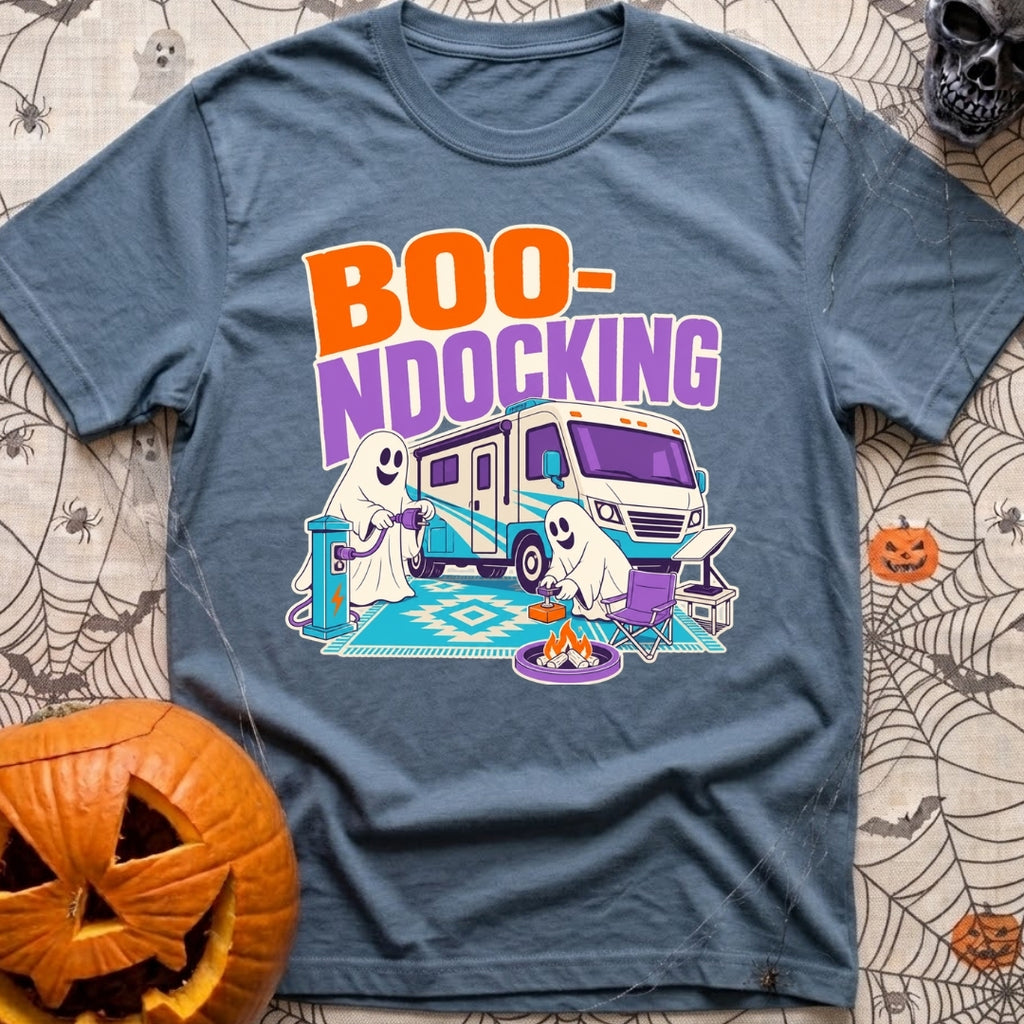 Boo Ndocking After Dark - T-Shirt in Blue Jean - A cartoon illustration of two friendly ghosts setting up a campsite in...