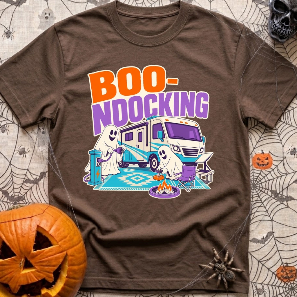 Boo Ndocking After Dark - T-Shirt in Espresso - A cartoon illustration of two friendly ghosts setting up a campsite in...