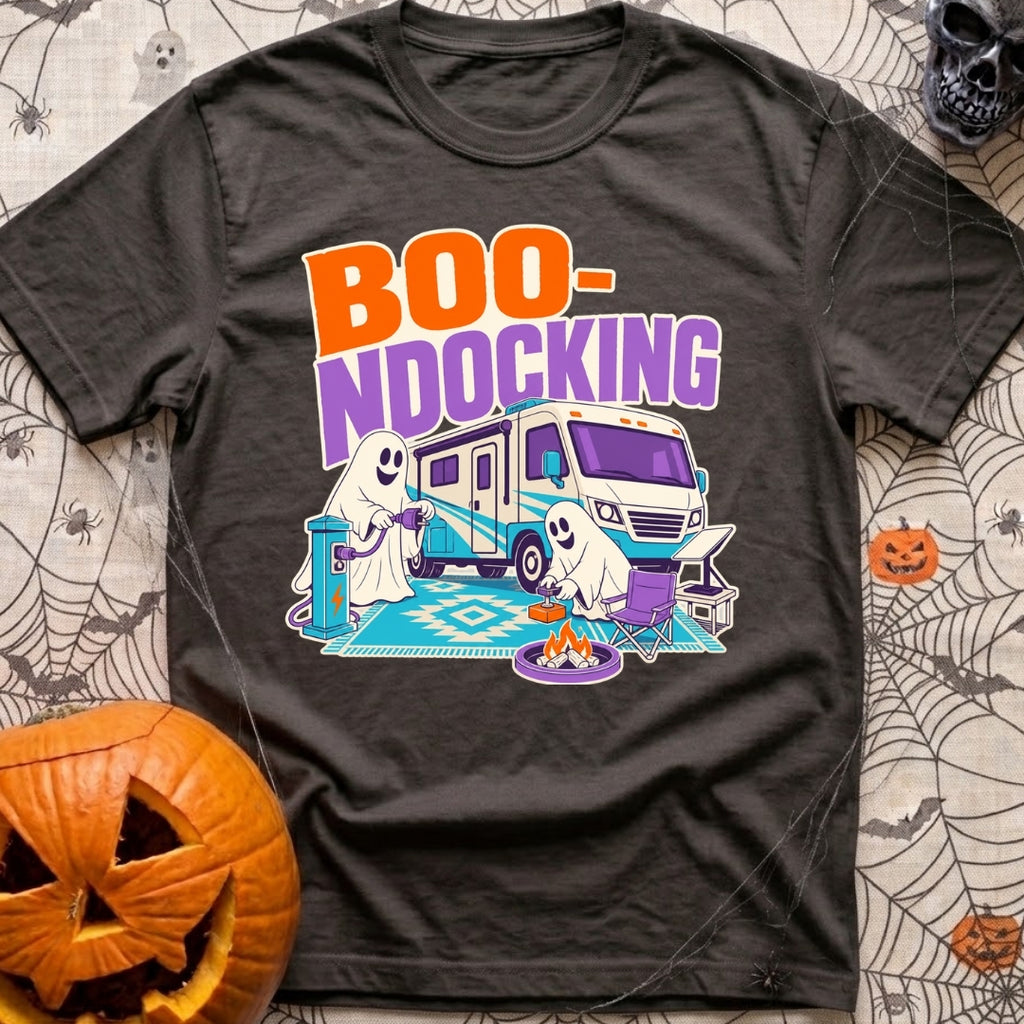 Boo Ndocking After Dark - T-Shirt in Graphite - A cartoon illustration of two friendly ghosts setting up a campsite in...