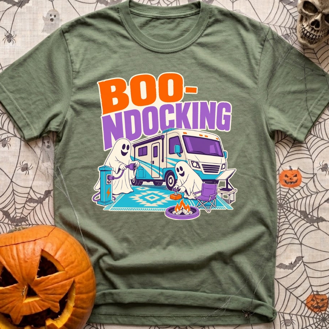 Boo Ndocking After Dark - T-Shirt in Moss - A cartoon illustration of two friendly ghosts setting up a campsite in front...