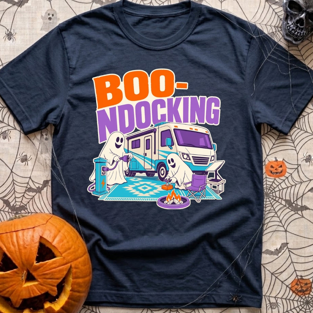 Boo Ndocking After Dark - T-Shirt in Navy - A cartoon illustration of two friendly ghosts setting up a campsite in front...