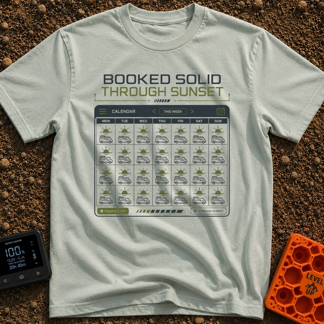 Calendar of Campers - T-Shirt in Bay - A graphic of a digital calendar interface where every day of the month is filled...