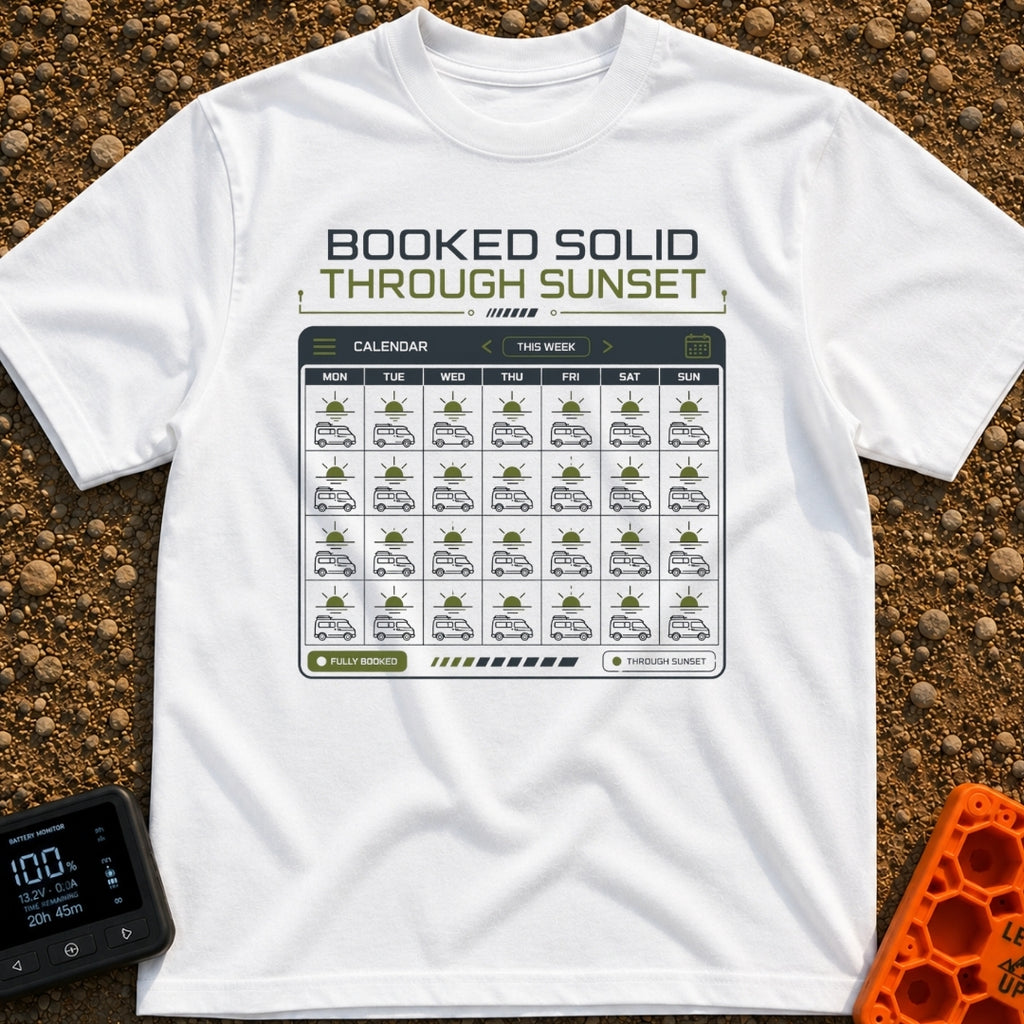 Calendar of Campers - T-Shirt in White - A graphic of a digital calendar interface where every day of the month is filled...