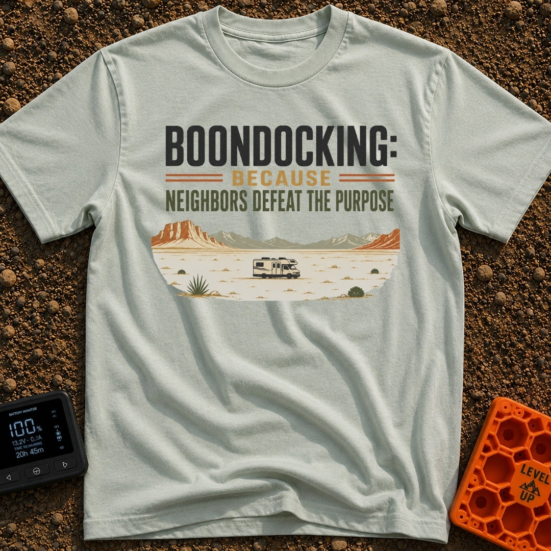 Neighbors Not Included - T-Shirt in Bay - A graphic illustration of a Class C motorhome parked completely alone in a vast...