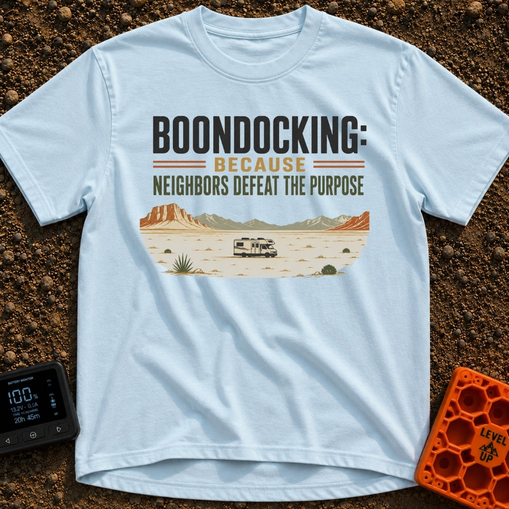 Neighbors Not Included - T-Shirt in Chambray - A graphic illustration of a Class C motorhome parked completely alone in a...