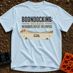 Neighbors Not Included - T-Shirt in Chambray - A graphic illustration of a Class C motorhome parked completely alone in a...