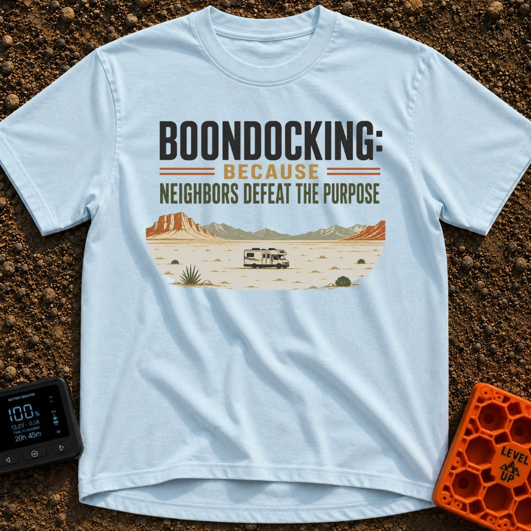 Neighbors Not Included - T-Shirt in Chambray - A graphic illustration of a Class C motorhome parked completely alone in a...