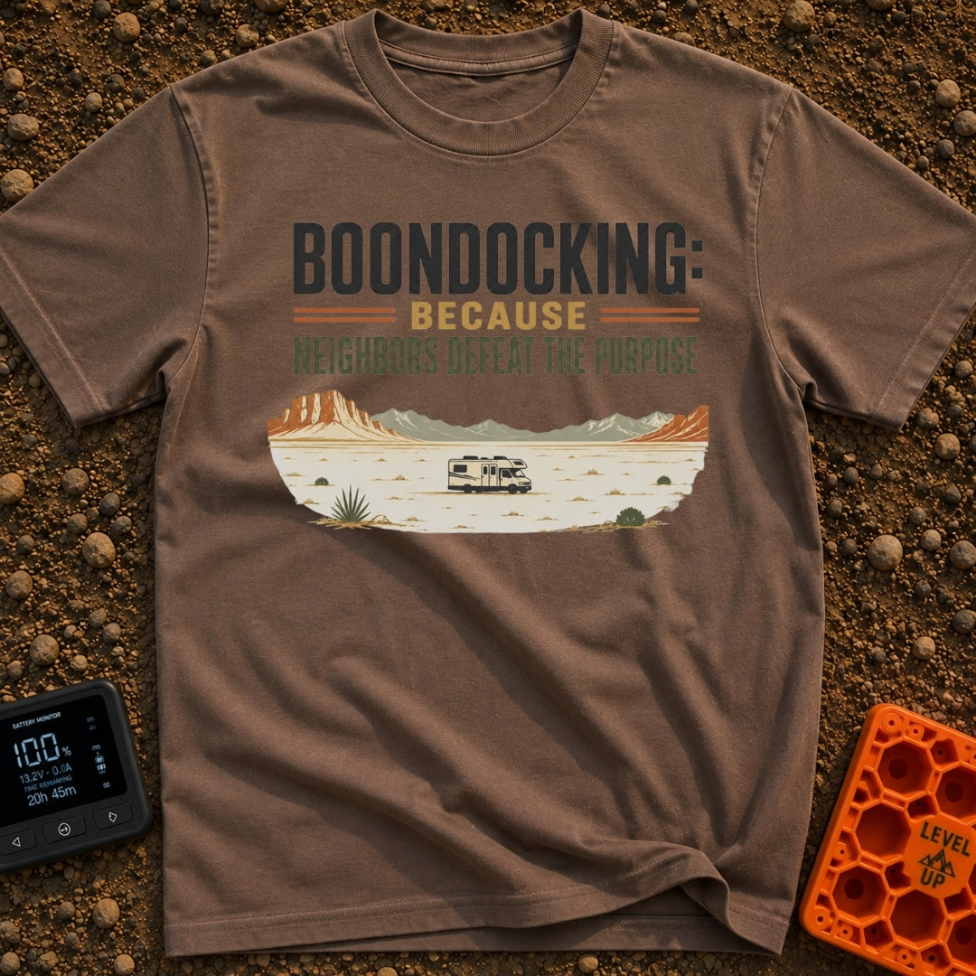 Neighbors Not Included - T-Shirt in Espresso - A graphic illustration of a Class C motorhome parked completely alone in a...