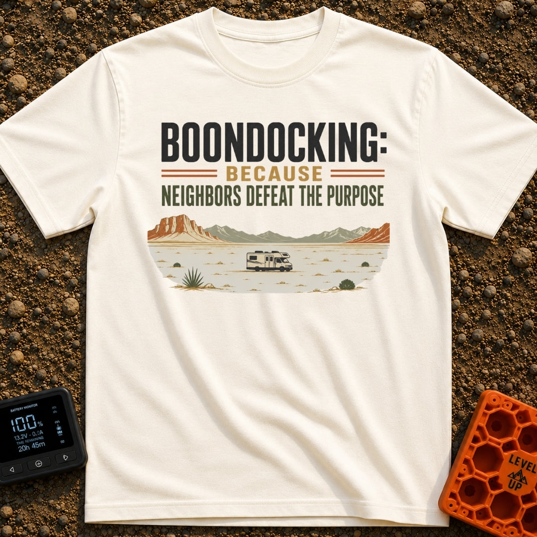 Neighbors Not Included - T-Shirt in Ivory - A graphic illustration of a Class C motorhome parked completely alone in a...