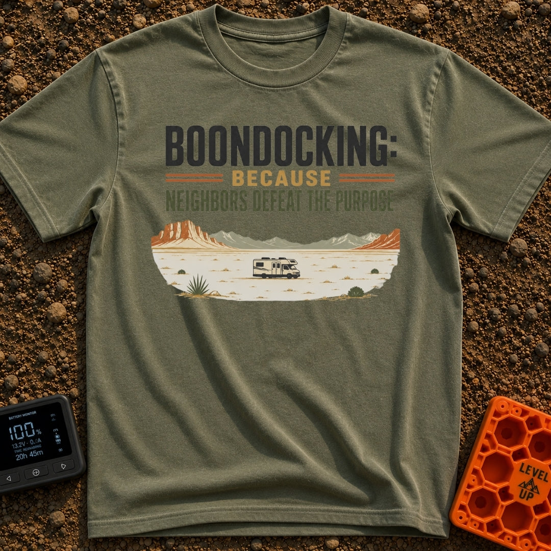 Neighbors Not Included - T-Shirt in Moss - A graphic illustration of a Class C motorhome parked completely alone in a...