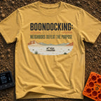 Neighbors Not Included - T-Shirt in Mustard - A graphic illustration of a Class C motorhome parked completely alone in a...