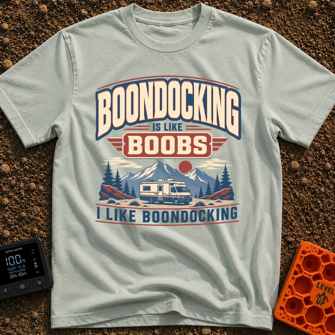 Boondocking Like Boobs - T-Shirt in Bay - A retro-style illustration of a Class C motorhome parked in a nature setting...