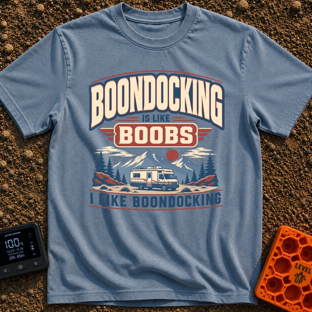 Boondocking Like Boobs - T-Shirt in Blue Jean - A retro-style illustration of a Class C motorhome parked in a nature...