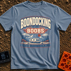 Boondocking Like Boobs - T-Shirt in Blue Jean - A retro-style illustration of a Class C motorhome parked in a nature...