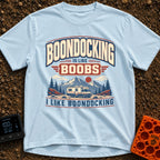 Boondocking Like Boobs - T-Shirt in Chambray - A retro-style illustration of a Class C motorhome parked in a nature...