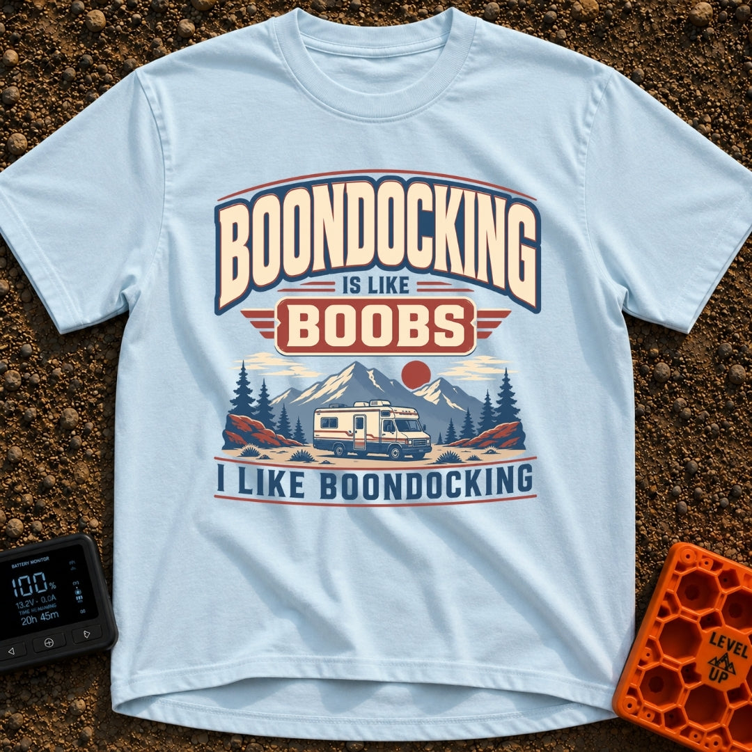 Boondocking Like Boobs - T-Shirt in Chambray - A retro-style illustration of a Class C motorhome parked in a nature...