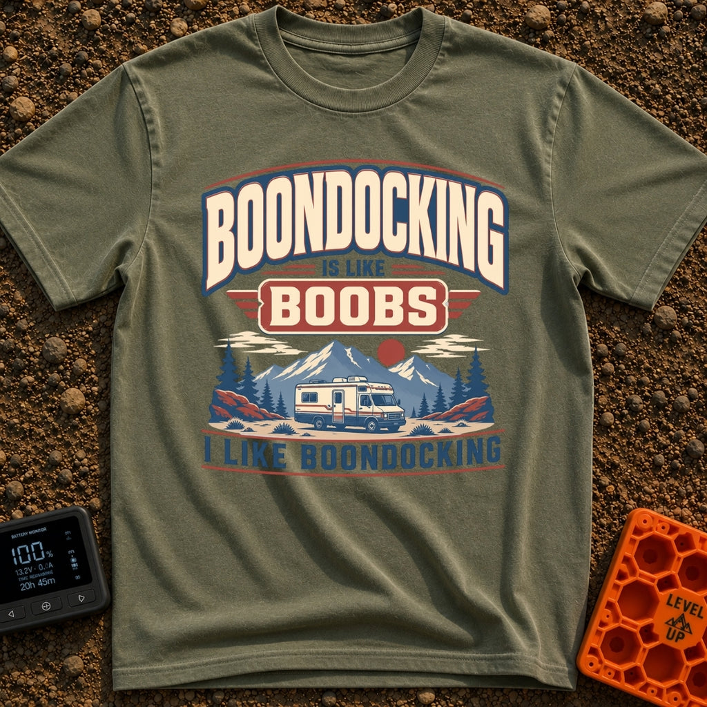Boondocking Like Boobs - T-Shirt in Moss - A retro-style illustration of a Class C motorhome parked in a nature setting...