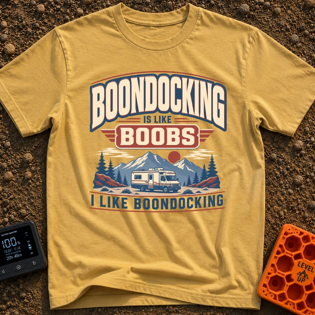 Boondocking Like Boobs - T-Shirt in Mustard - A retro-style illustration of a Class C motorhome parked in a nature...