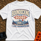Boondocking Like Boobs - T-Shirt in White - A retro-style illustration of a Class C motorhome parked in a nature setting...