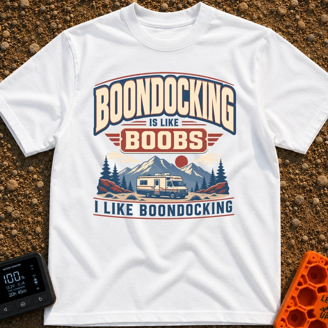 Boondocking Like Boobs - T-Shirt in White - A retro-style illustration of a Class C motorhome parked in a nature setting...