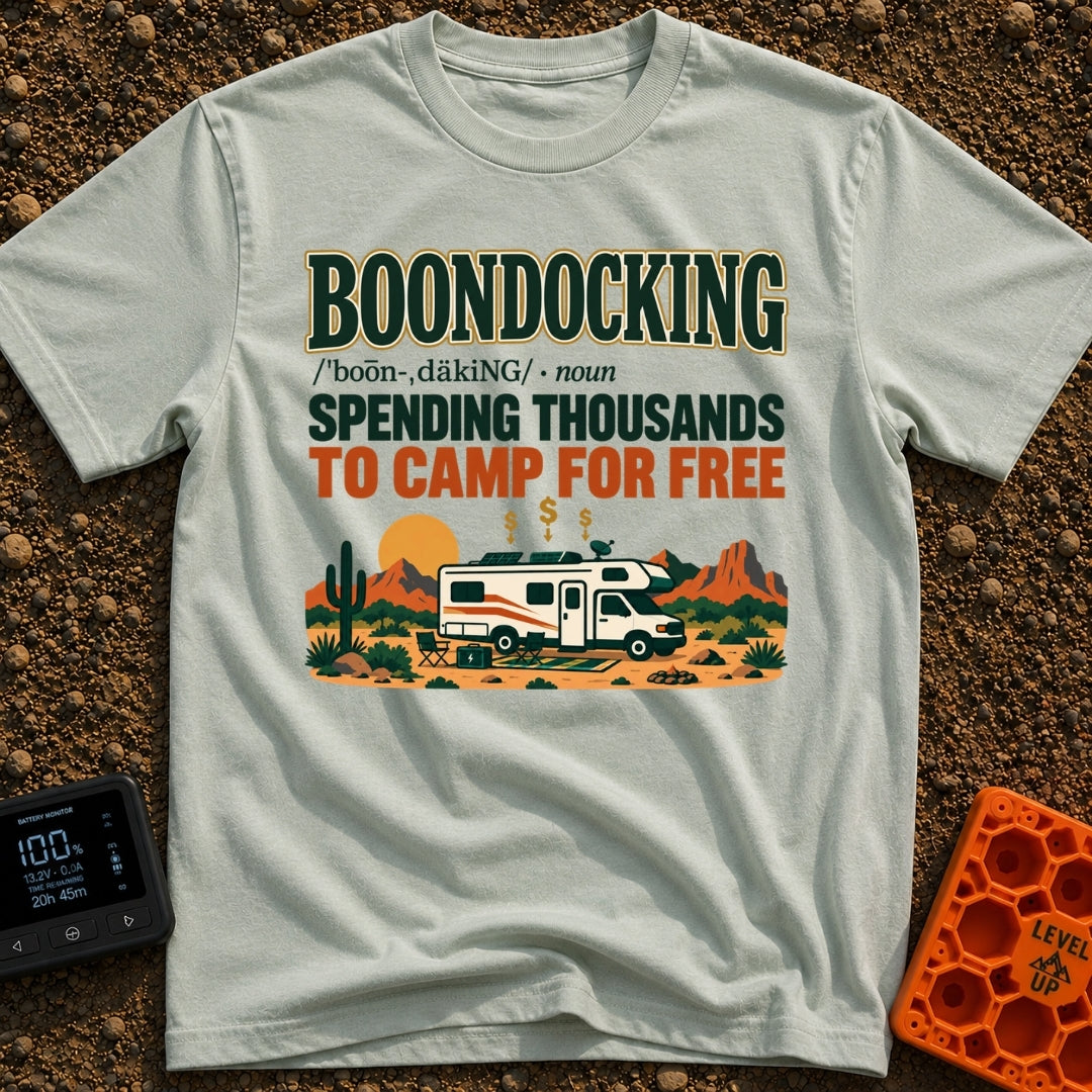 Spending Thousands To Boondock - T-Shirt in Bay - A graphic featuring the word 'BOONDOCKING' defined as 'SPENDING...