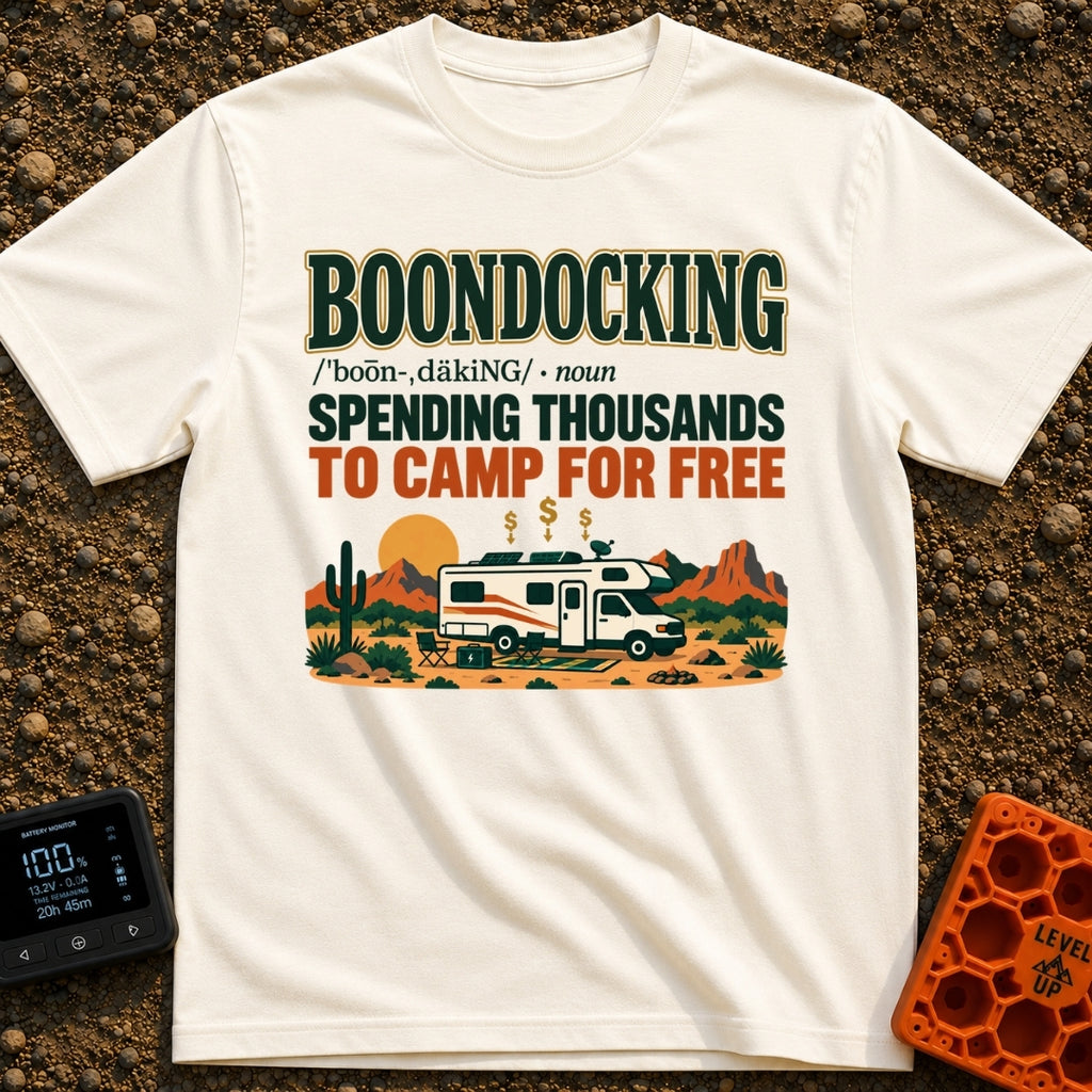 Spending Thousands To Boondock - T-Shirt in Ivory - A graphic featuring the word 'BOONDOCKING' defined as 'SPENDING...