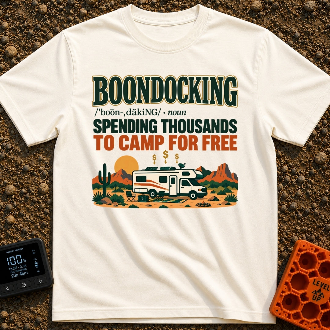 Spending Thousands To Boondock - T-Shirt in Ivory - A graphic featuring the word 'BOONDOCKING' defined as 'SPENDING...