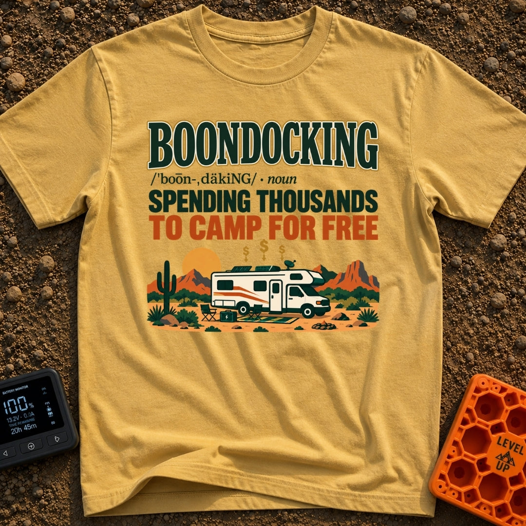 Spending Thousands To Boondock - T-Shirt in Mustard - A graphic featuring the word 'BOONDOCKING' defined as 'SPENDING...