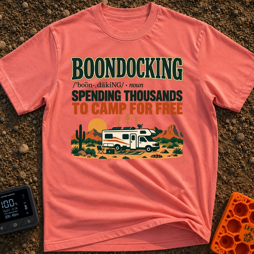 Spending Thousands To Boondock - T-Shirt in Watermelon - A graphic featuring the word 'BOONDOCKING' defined as 'SPENDING...