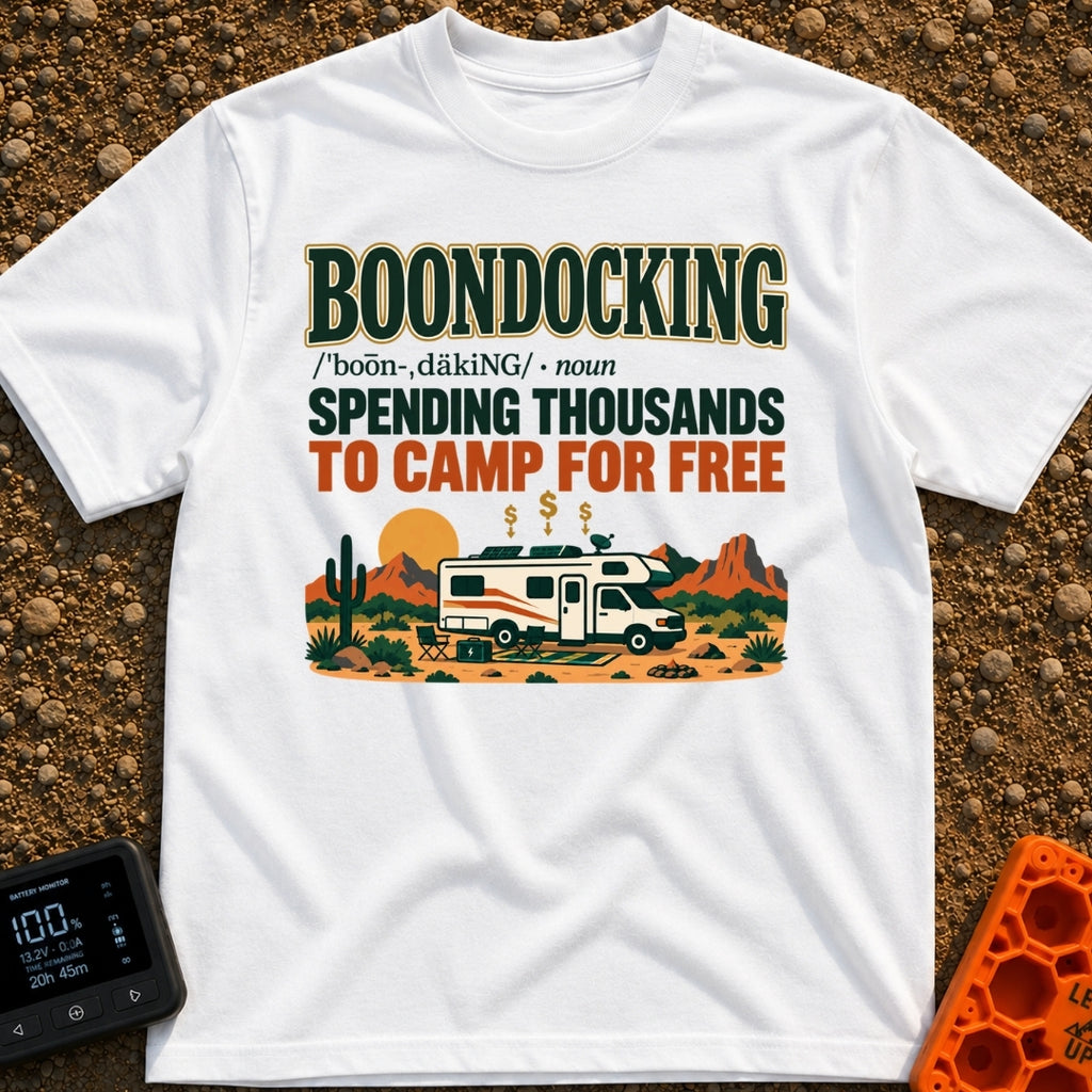 Spending Thousands To Boondock - T-Shirt in White - A graphic featuring the word 'BOONDOCKING' defined as 'SPENDING...