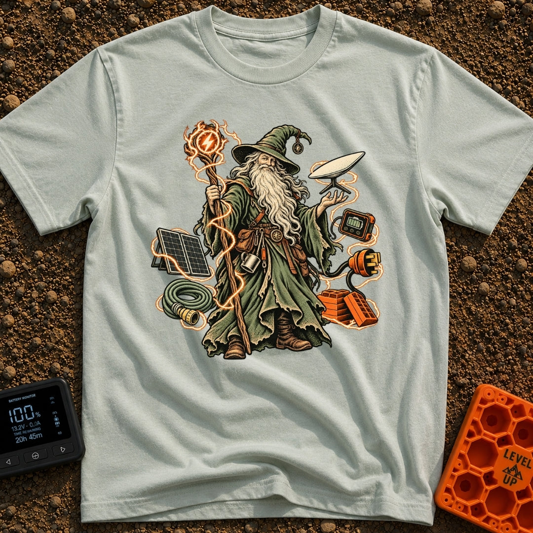 Wizard Of No Hookups - T-Shirt in Bay - An illustration of a traditional wizard with a long white beard and pointed hat...