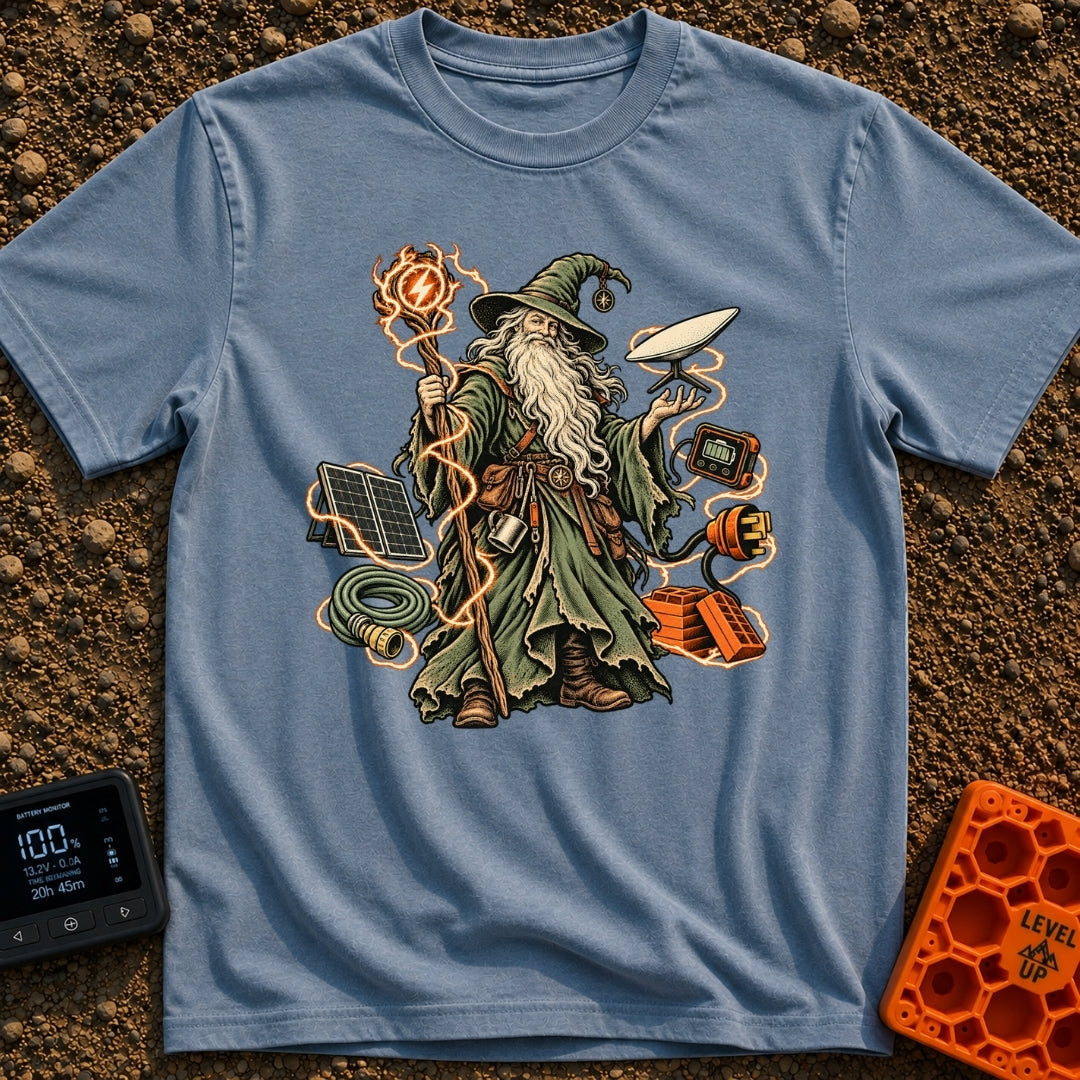 Wizard Of No Hookups - T-Shirt in Blue Jean - An illustration of a traditional wizard with a long white beard and pointed...