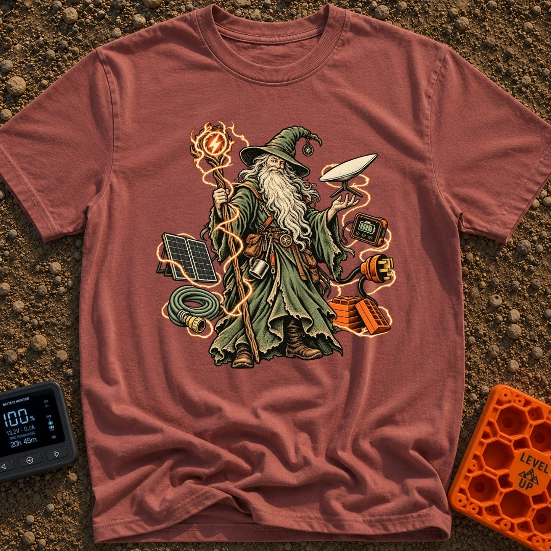 Wizard Of No Hookups - T-Shirt in Brick - An illustration of a traditional wizard with a long white beard and pointed hat...