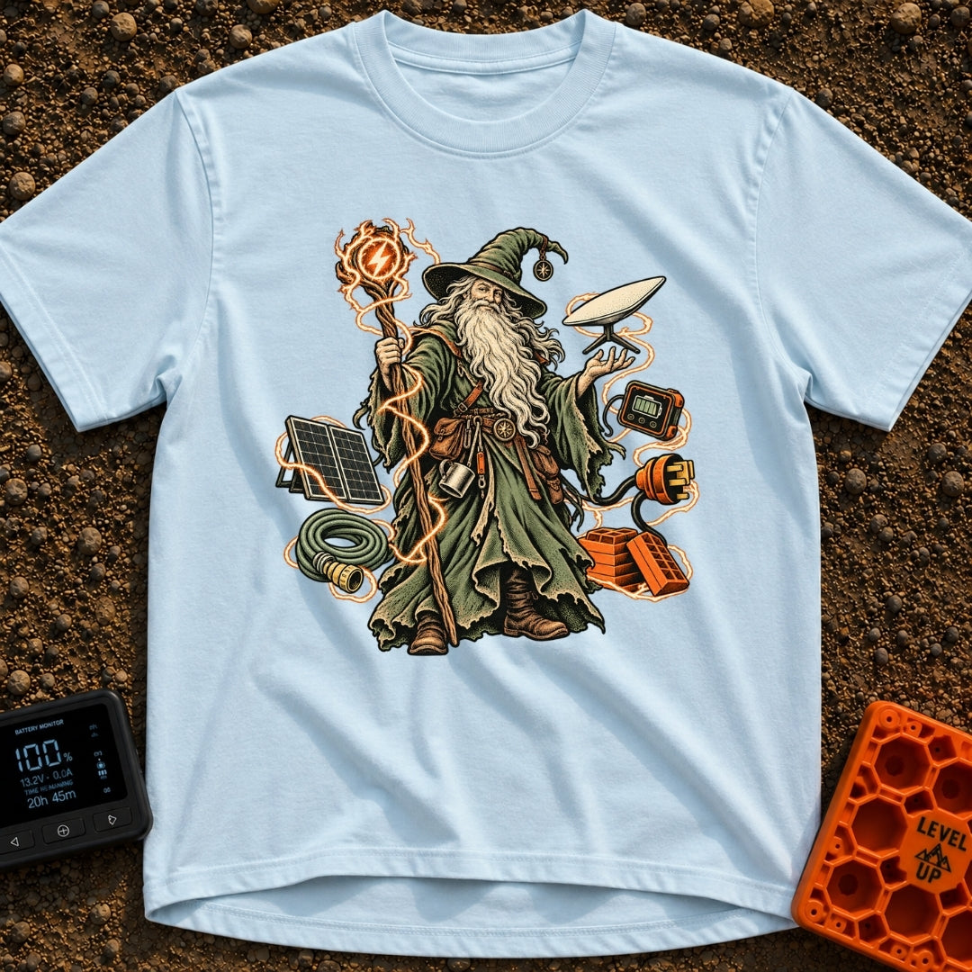 Wizard Of No Hookups - T-Shirt in Chambray - An illustration of a traditional wizard with a long white beard and pointed...