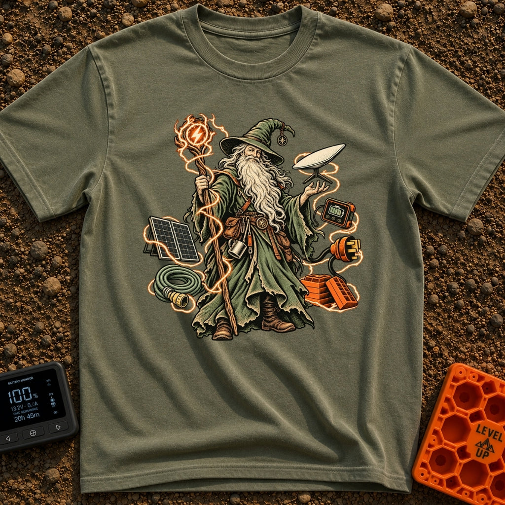 Wizard Of No Hookups - T-Shirt in Moss - An illustration of a traditional wizard with a long white beard and pointed hat...