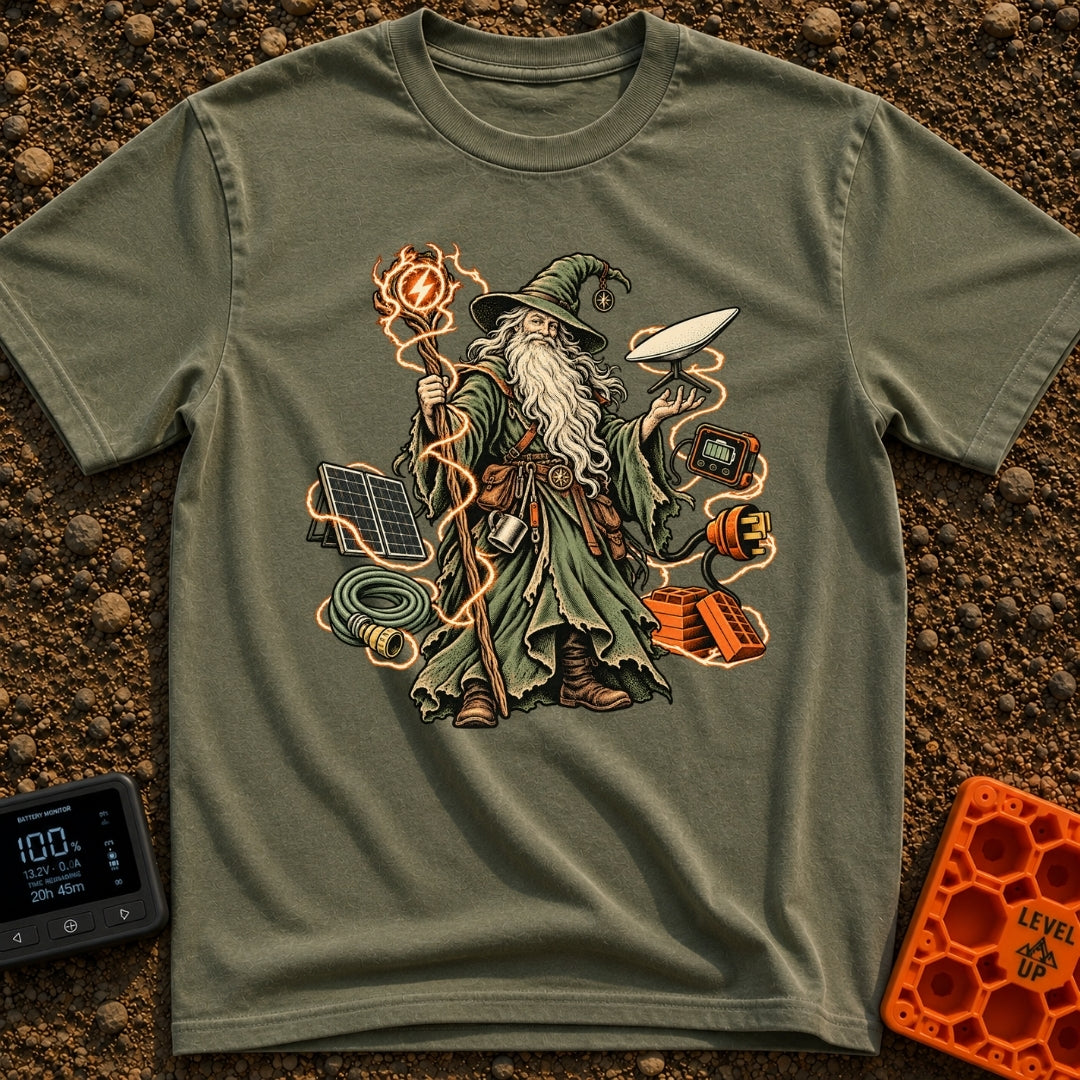 Wizard Of No Hookups - T-Shirt in Moss - An illustration of a traditional wizard with a long white beard and pointed hat...