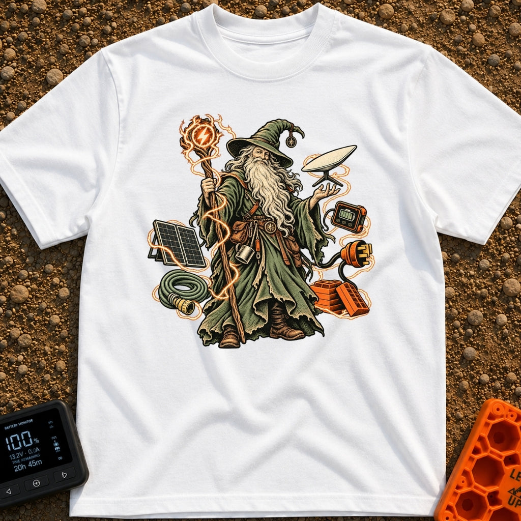 Wizard Of No Hookups - T-Shirt in White - An illustration of a traditional wizard with a long white beard and pointed hat...