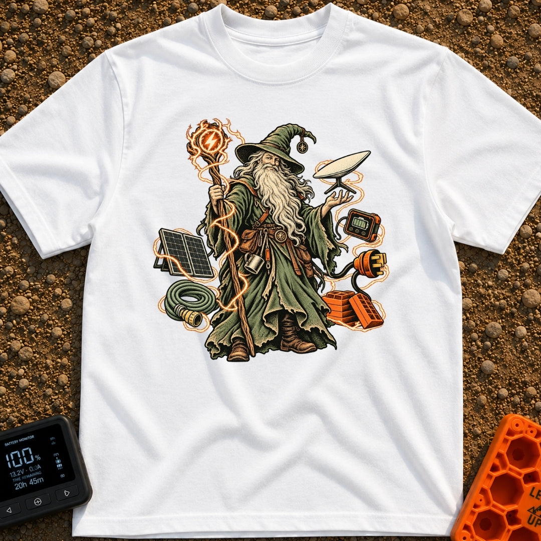 Wizard Of No Hookups - T-Shirt in White - An illustration of a traditional wizard with a long white beard and pointed hat...