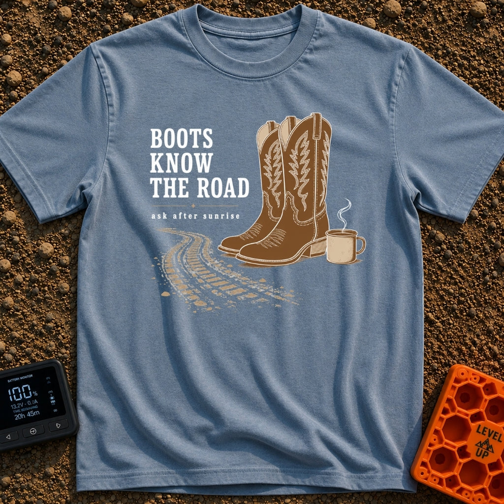 Boots Know Best - T-Shirt in Blue Jean - A pair of decorated brown western boots standing next to a steaming camp mug,...