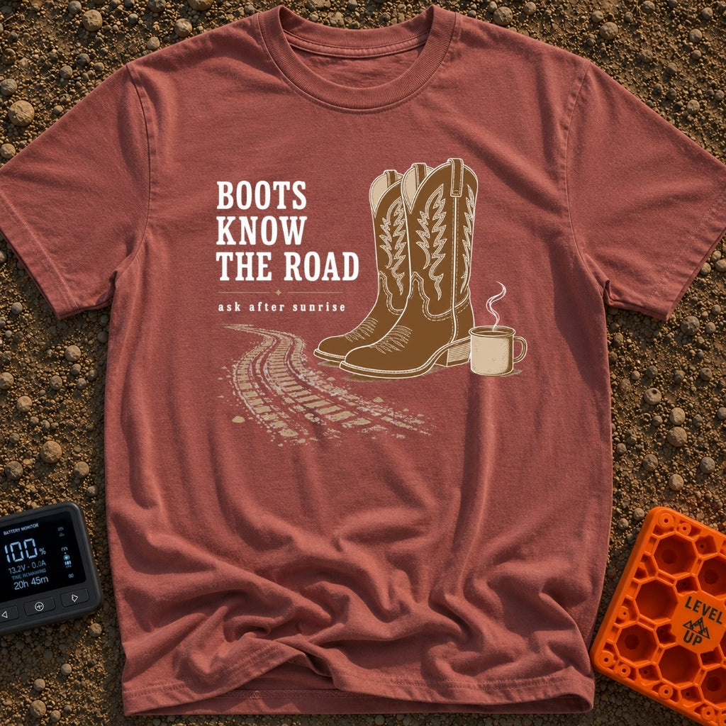 Boots Know Best - T-Shirt in Brick - A pair of decorated brown western boots standing next to a steaming camp mug, with...